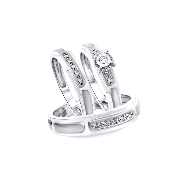 AFFY White Natural Diamond Wedding & Engagement Trio Band Ring Set In 10k White Gold (0.13 Cttw)
