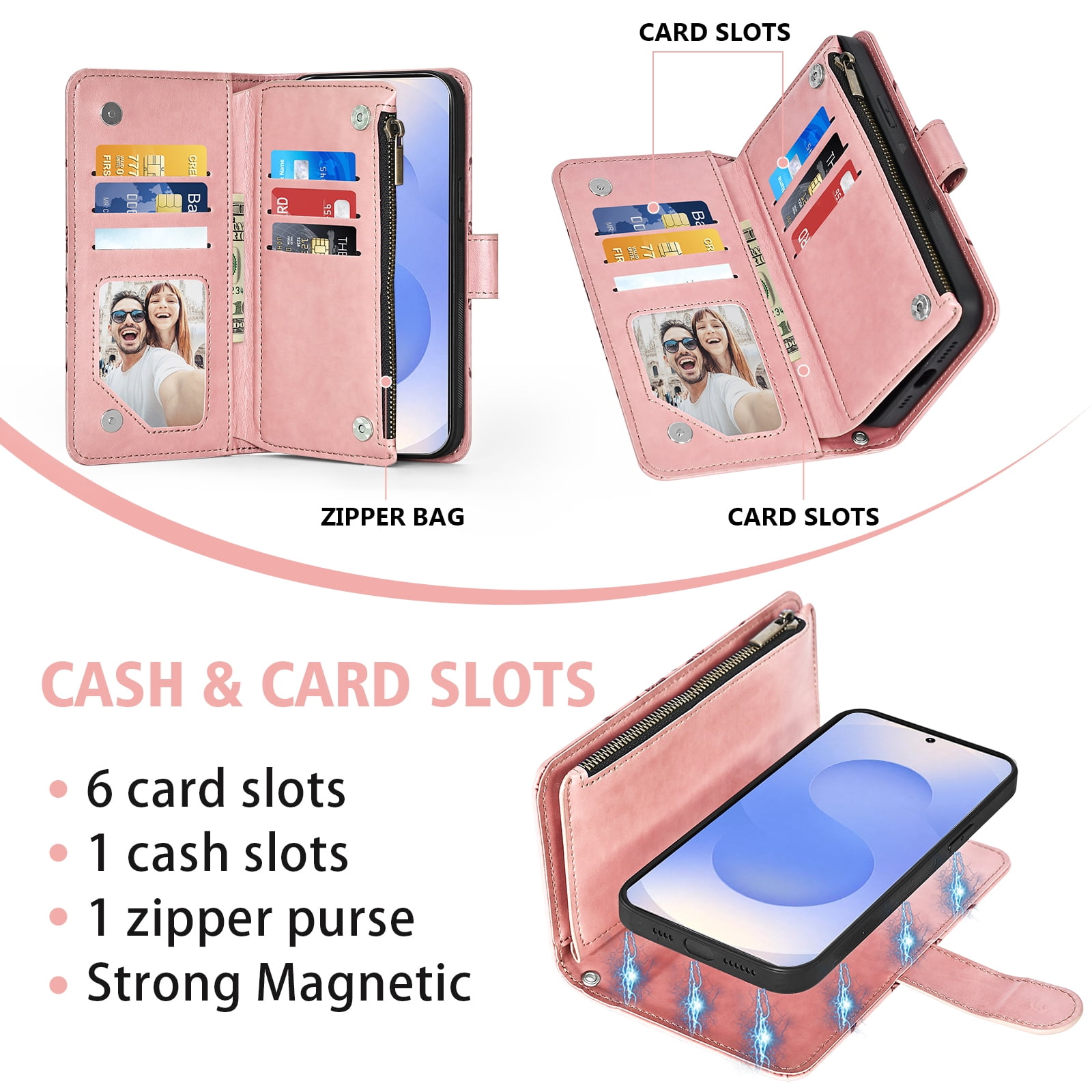 Asuwish Phone Case for Samsung Galaxy S25 5G Zipper Wallet Magnetic Detachable Cell Cover with Tempered Glass Screen Protector Crossbody Strap Flower Card Holder Slot S 25 25S G5 Women Girls Pink