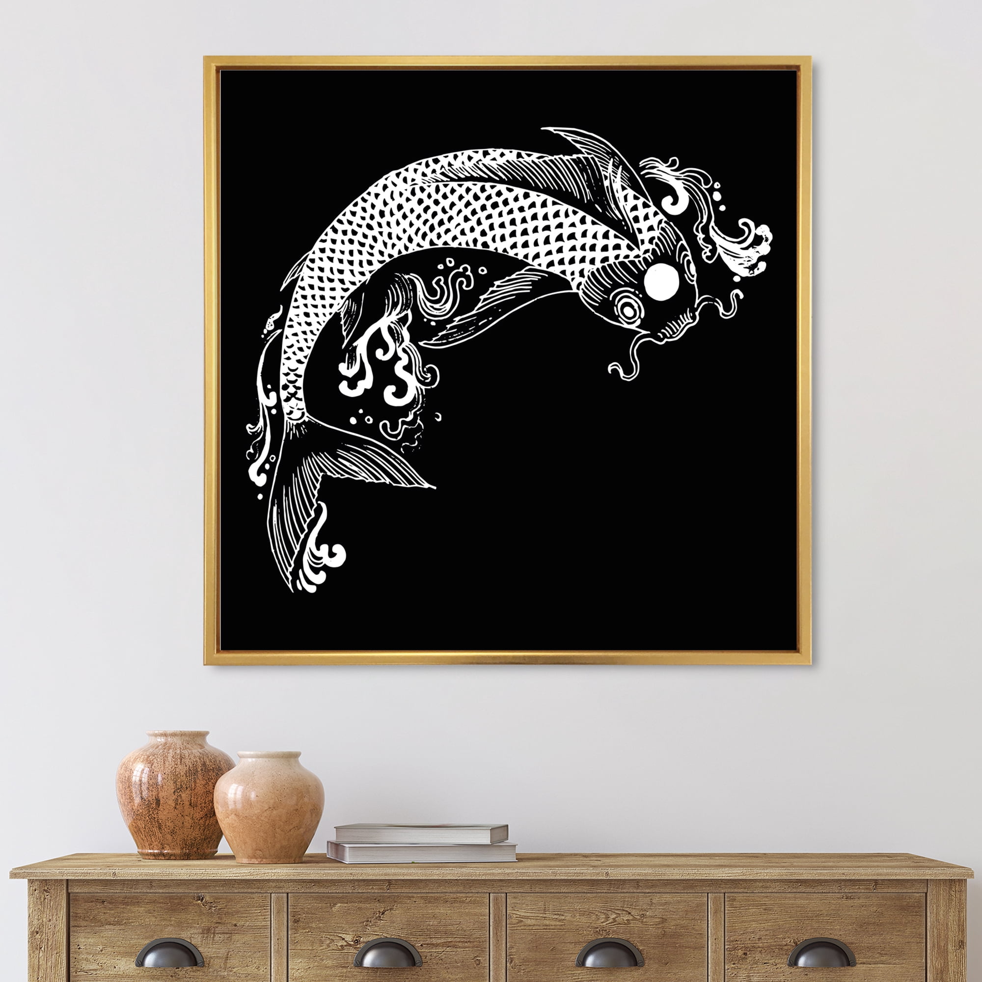 Designart 'Chinoiserie With Koi Fish I' Traditional Framed Canvas Wall Art Print