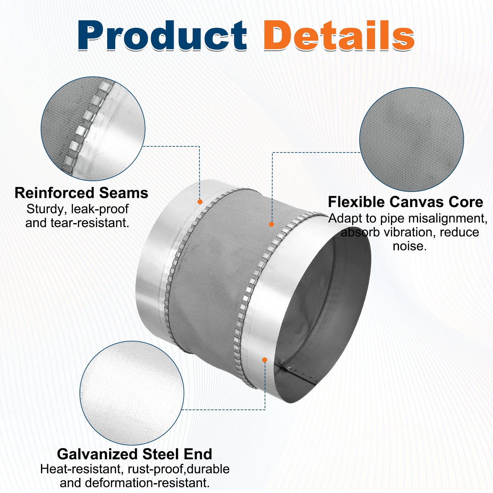 Uxcell Flexible Duct Connector (8", Silver) - Galvanized Steel, Round Vibration-Reducing Male Fit Coupler Ducting Connector Pipe Extender Fitting for Dryer Vent Hose / HVAC Systems
