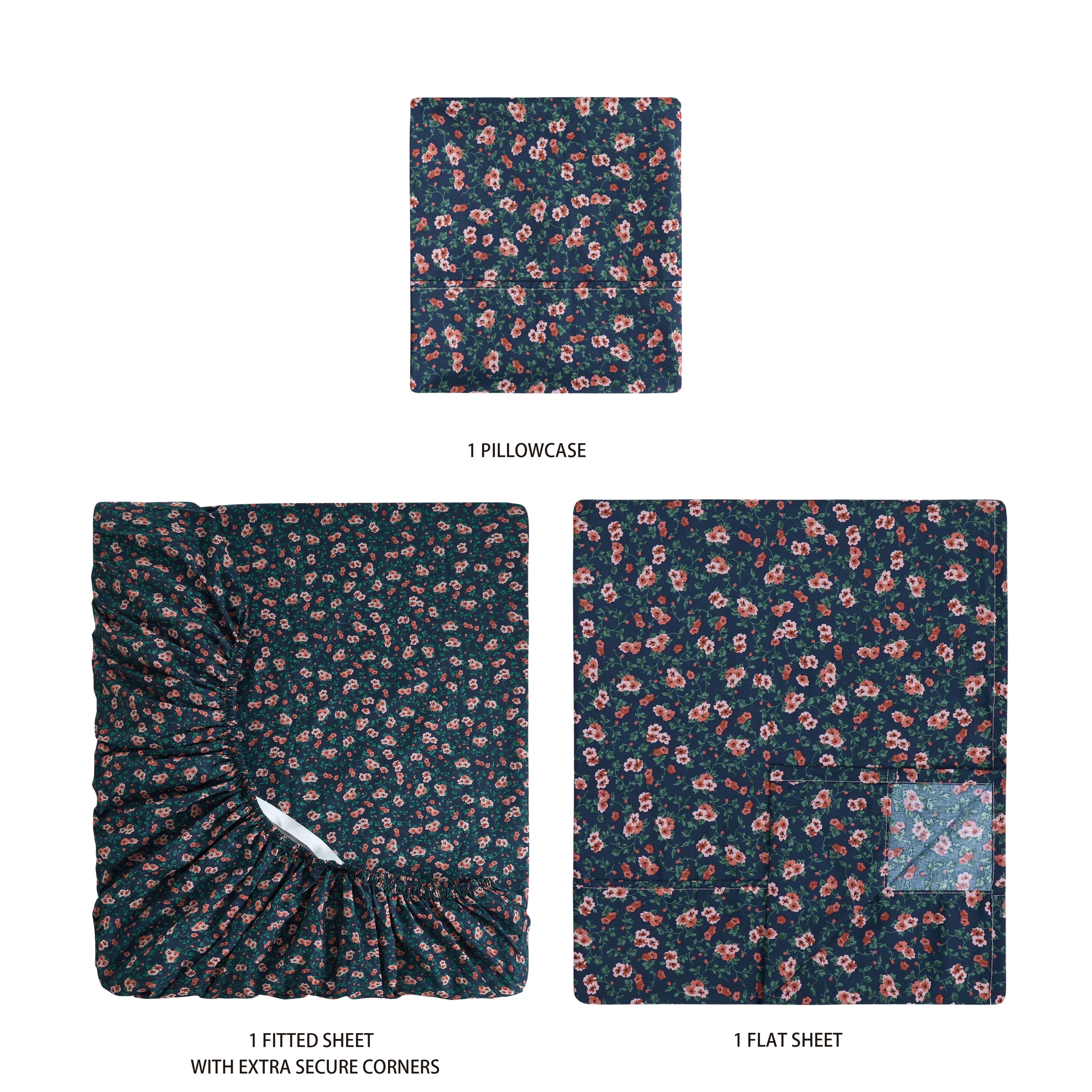 Mainstays Super Soft Brushed Microfiber Bed Sheet Set, Blue Multi Floral, Twin-XL, 3 Piece