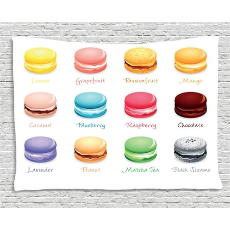 Tea Party Tapestry, Colorful French Macaron Cookies with Different Flavors Delicious Sweets Cuisine, Wall Hanging for Bedroom Living Room Dorm Decor, 80W X 60L Inches, Multicolor, by