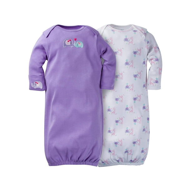 Gerber Newborn Baby Girl Lap Shoulder Gown with Mitten Cuff, 2Pack