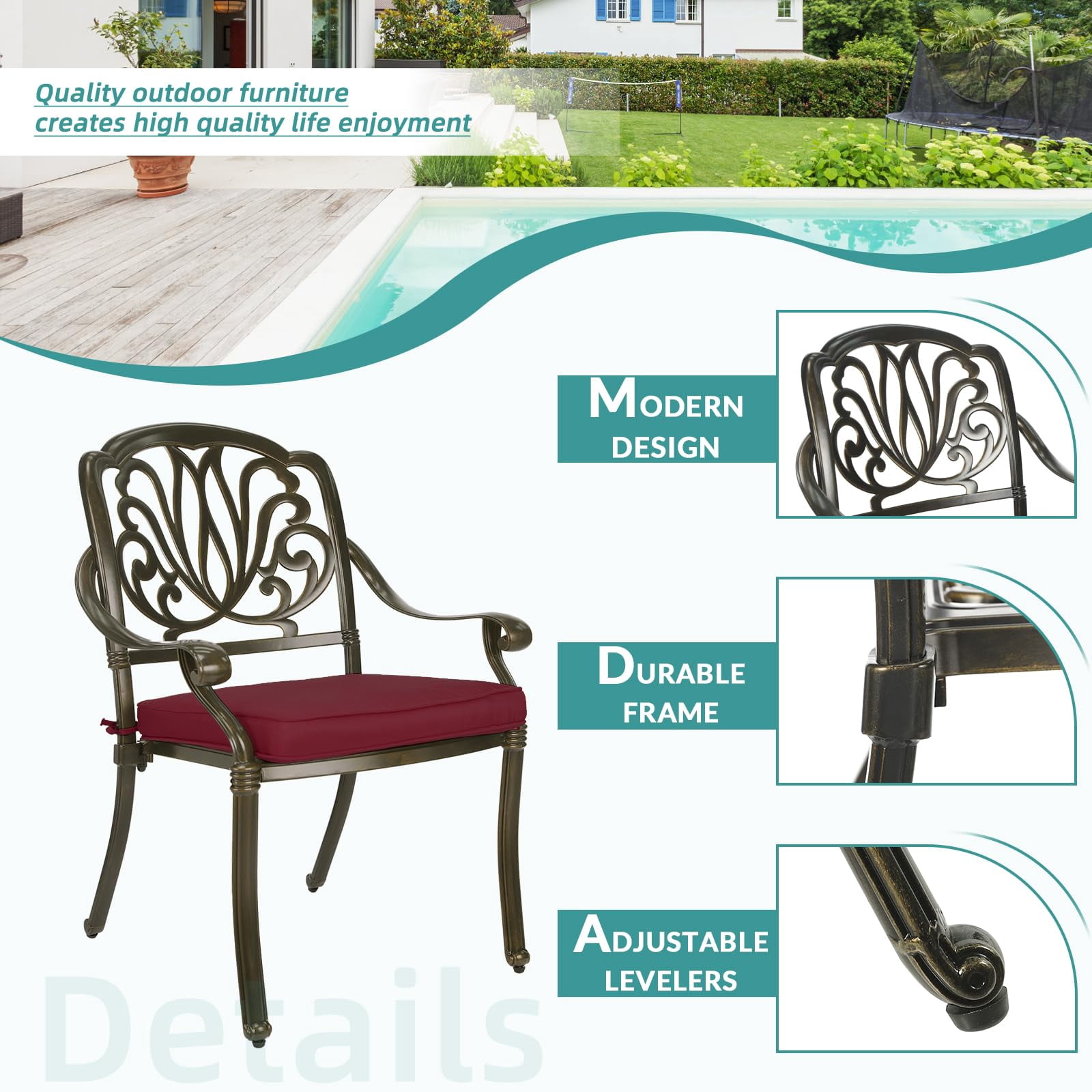 MEETWARM 9-Piece Outdoor Furniture Dining Set, All Weather Cast Aluminum Patio Garden Set- 8 Cushioned Chairs, 61" Round Patio Dining Table with Detachable Lazy Susan, 2" Umbrella Hole, Chili Red