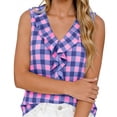 thumbnail image 2 of Mifsaly Womens Ruffle V Neck Tank Tops Plaid Sleeveless Blouse Elegant Flounce Trim Summer Shirts Lightweight Fashion Casual Loose Fit Tunic Top Purple,S, 2 of 5