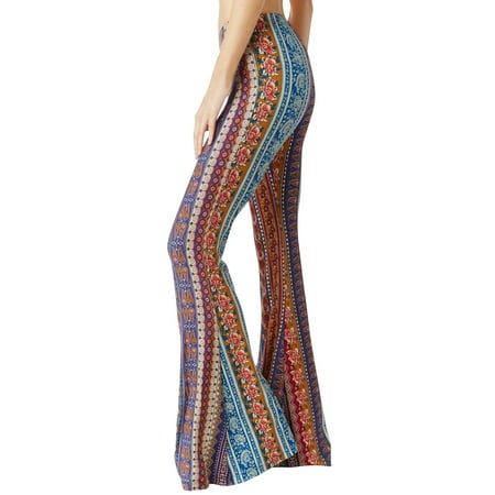 - STARVNC Women Vintage Elastic Waist Casual Flare Trousers Boho Print Long Pants