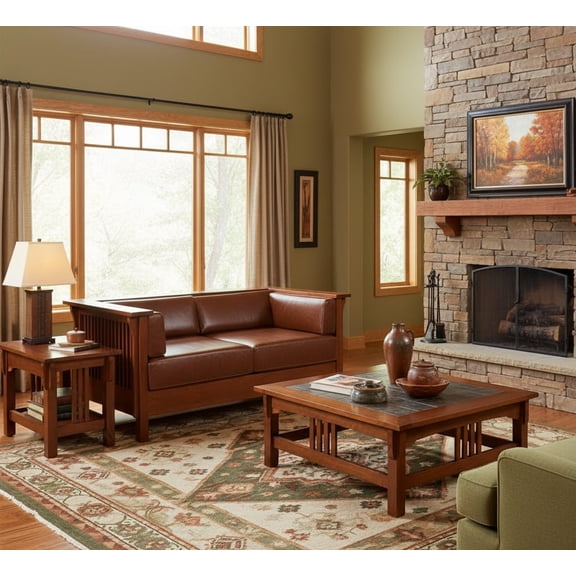 Crafters and Weavers Arts and Crafts Leather Cubic Loveseat in Chestnut