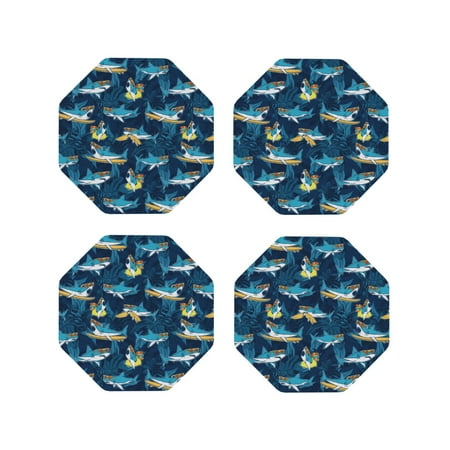 

Pofeuu Cartoon Surfer Sharks Print Coasters for Drinks 4Pack PU Leather Coasters Bar Drink Coasters for Tabletop Protection Furniture from Damage-Octagon