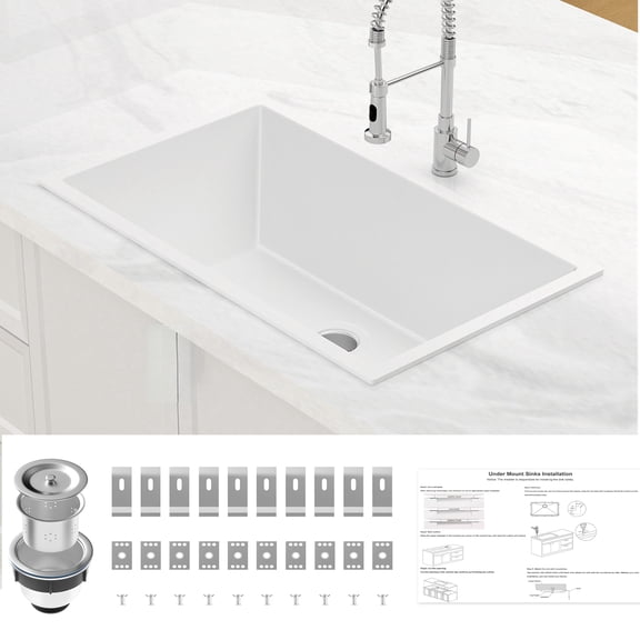 Premium White 30x18 Inch Undermount Kitchen Sink, Single Bowl Quartz Composite Sink with Strainer & Mounting Kit