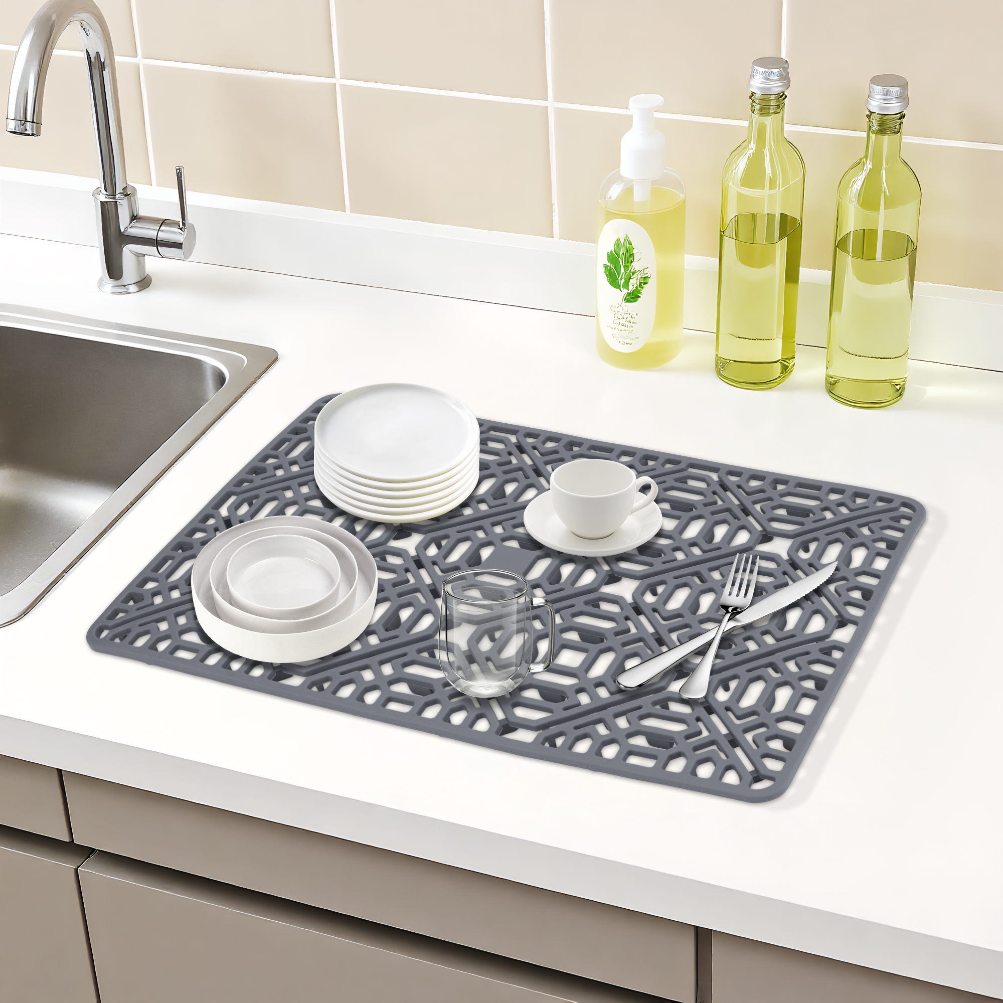 Unique Bargains Hollow Design Silicone Dish Drying Mat Dark Gray 15.7*10.6 inch