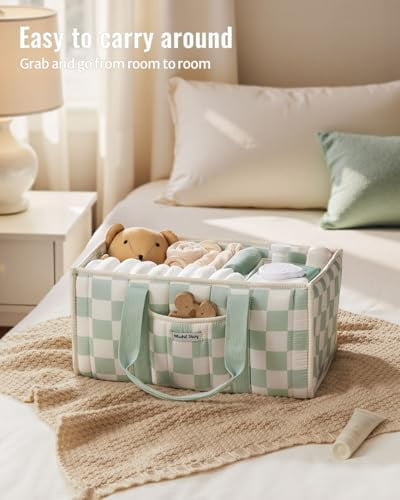 Checkered Diaper Caddy Organizer, Stylish Nursery Storage Basket, Gift for Baby Shower, Newborn Essentials, Registry Search Must Haves, Sage Green