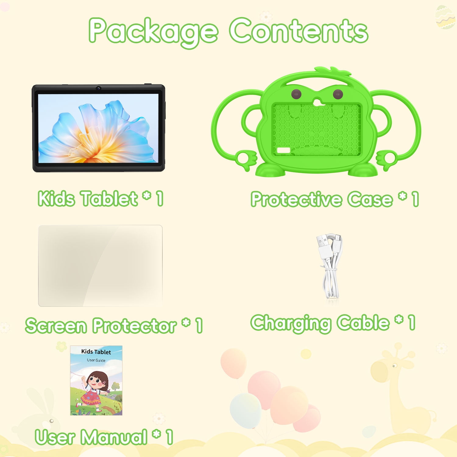 Kids Tablet, 7 inch Android Tablet for Kids, 6GB RAM 32GB ROM Quad-Core Toddler Tablet with Shockproof Case, Bluetooth, WiFi, Parental Control, 2MP+2MP Dual Camera, GPS, Games