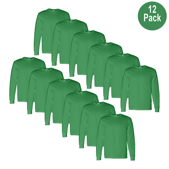 Gildan Men's Long Sleeve Heavy Cotton T-Shirt, Crew Neck Classic Fit Tee, Irish Green, 12 Pack, S