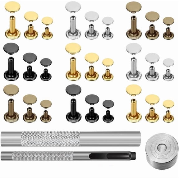 Leather Rivets Double Cap Rivet Tubular Metal Studs with Setting Tool Kit for Leather Craft Repairs Decoration, 4 Colors