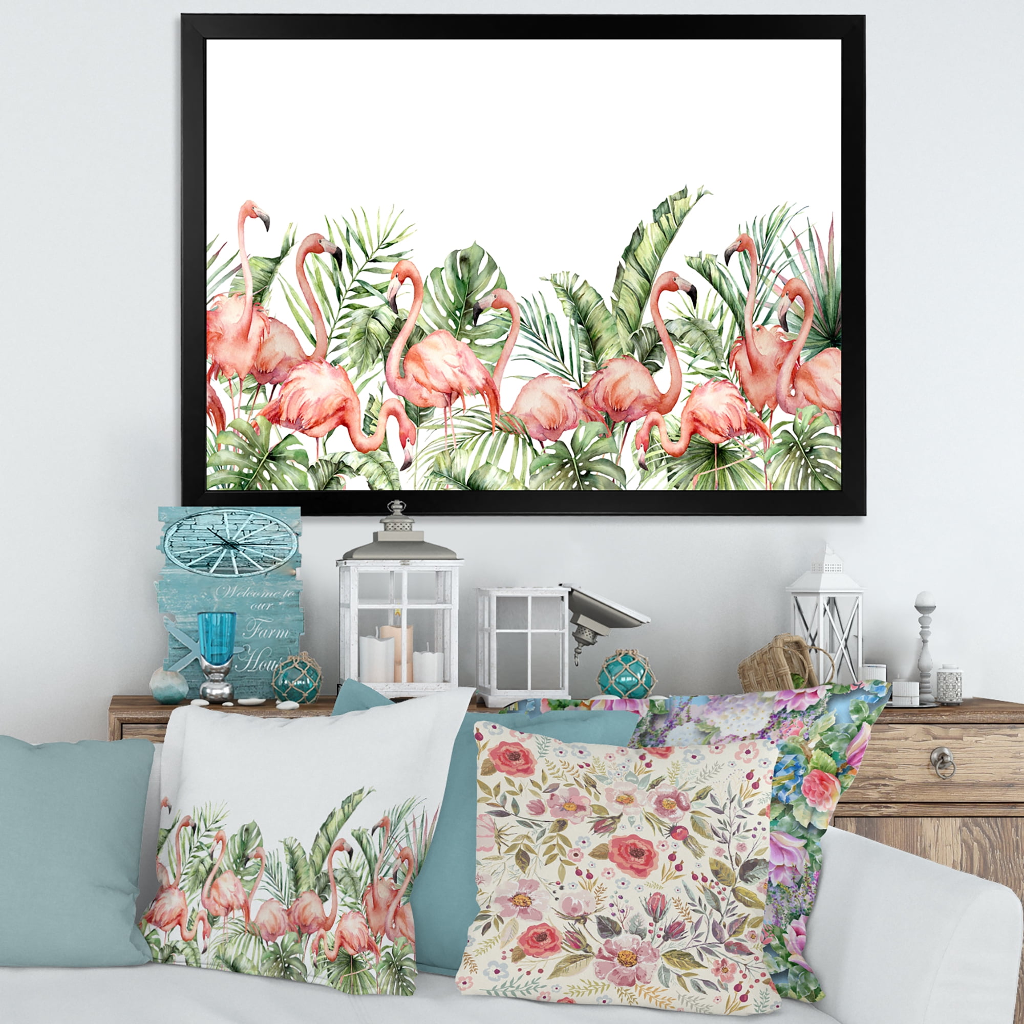 Designart 'Palm Leaves and Pink Flamingos Tropical Birds' Traditional Framed Art Print