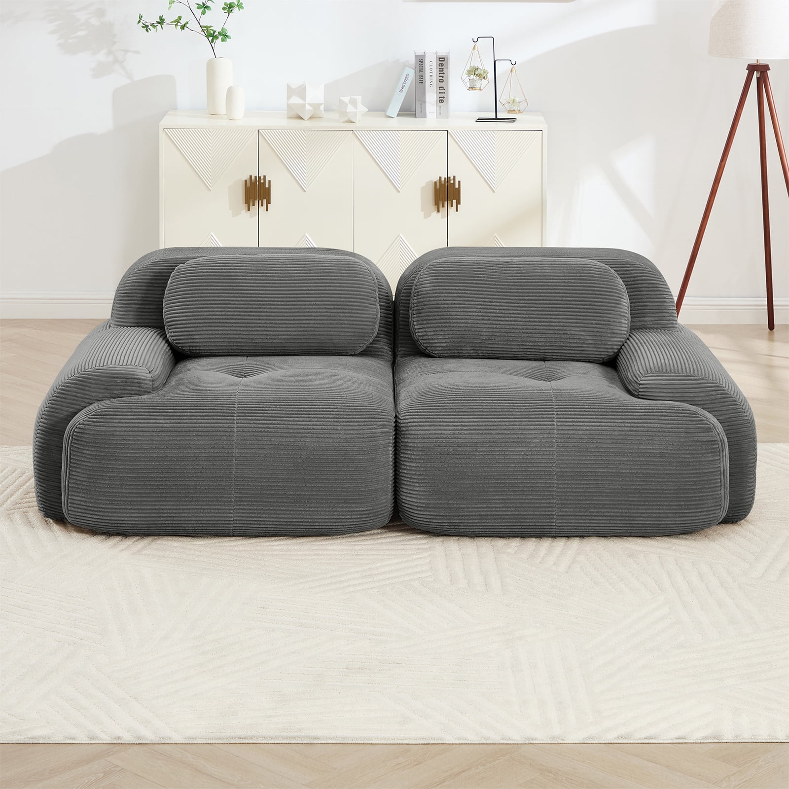 80" Modern Compressed Boneless Love Seat Couches, 2 Seater Large Sectional Couches for Living Room, Gray Corduroy Cloud Modular Sectional Sofa, Memory Foam, Extra Deep Loveseat, No Assembly