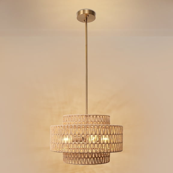 YANSUN 4-Light Brown Rattan Bohemian Drum Chandelier, Dimmable Ceiling Light for Living Room, Kitchen, Entryway, Hallway, Foyer