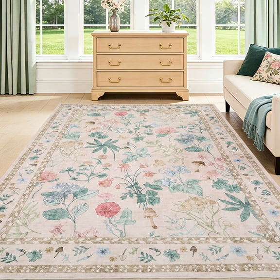 Washable Floral Area Rug, Non-Slip Low Pile Rug, Stain Resistance Carpet for Living Room, Bedroom, Dining Room