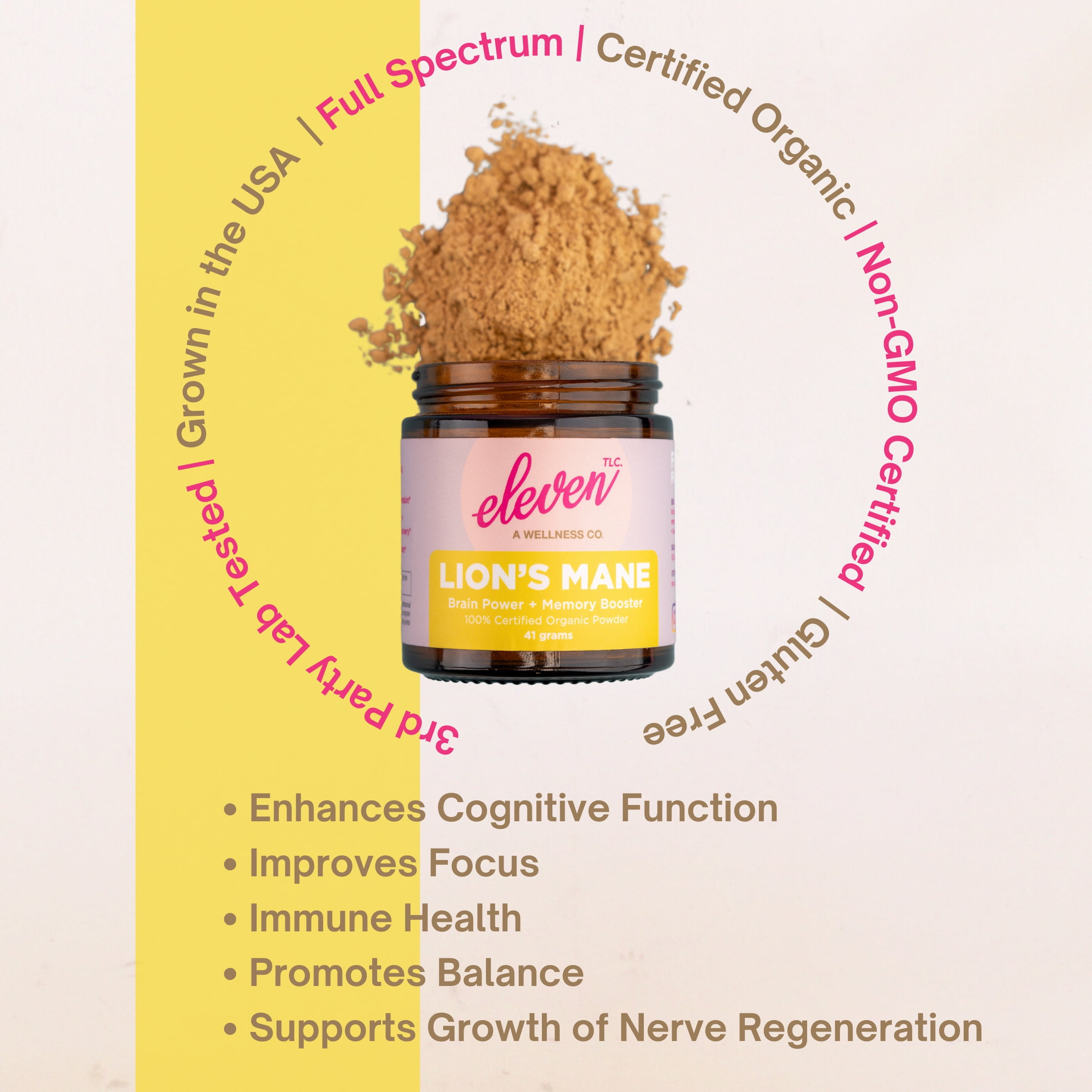 Eleven TLC,  Organic Lion's Mane Full Spectrum Superfood Mushroom Powder - Brain Health, Energy + Focus  (82 Grams ) 40 Servings