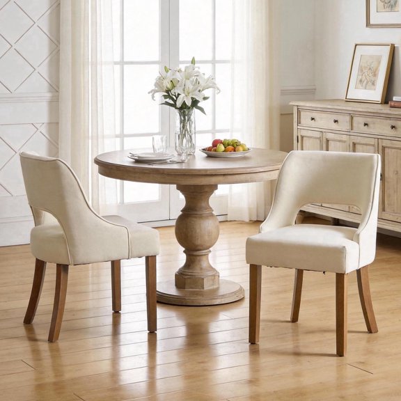 Wooden Dining Chairs Set of 2, Modern Upholstered Fabric Side Chairs with Cutout Backrest and Wood Legs, Kitchen Dining Room, Beige