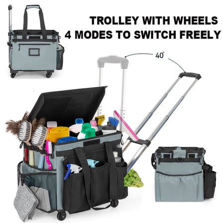 Large Duty Rolling Cleaning Caddy with Wheels, Water-Resistant Cleaning Cart Organizer with Tool Waist Bag, Mobile Cleaning Station for Housekeepers Kitchen Office