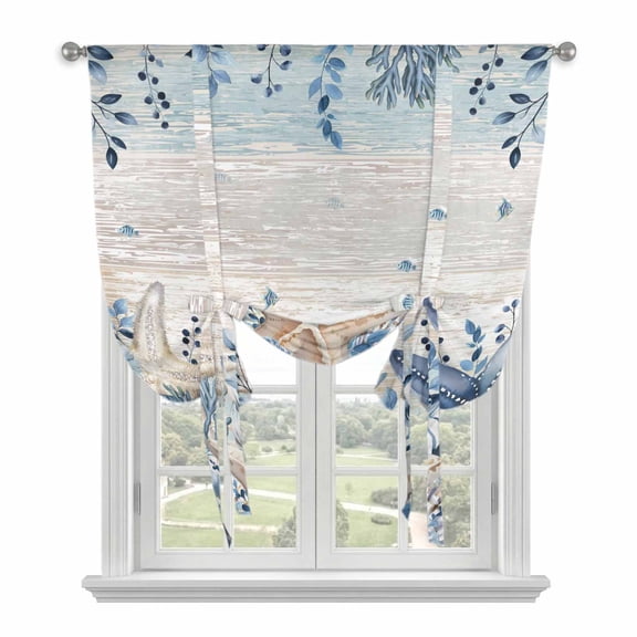 Blue Starfish Coastal Balloon Curtains for Living Room/French Door, Eucalyptus Summer Nautical Shell Vintage Tie Up Curtains 63 Inch Length Energy Saving Kitchen Curtains Shades for Windows 42"x63"