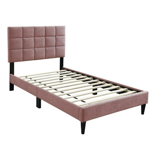 Lilian Twin Bed, Tufted Pink Linen Upholstery, Biscuit Tufted Stitch