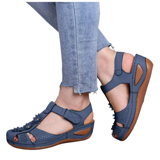 Sandales Orthopédiques à Talon Compensé à Bout Fermé pour Femmes 2025 Plage Confortables à Fleurs Marche Robe Chaussures d'Été