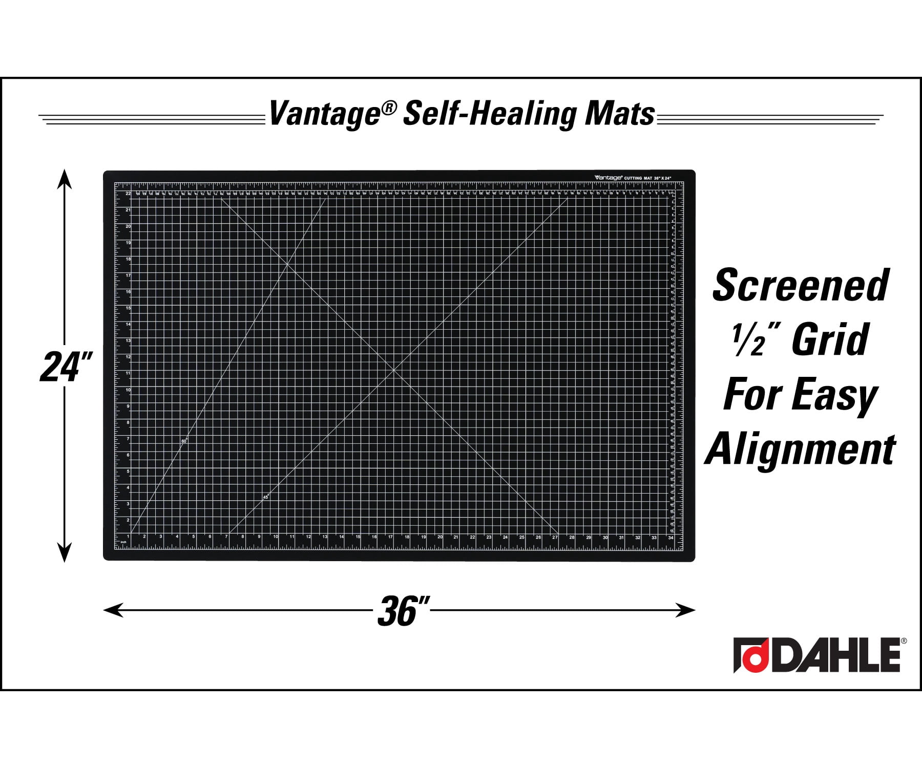 Dahle Vantage 10793 Premium Double-Sided Self-Healing Mat, 24"x36", 1/2" Grid, Perfect for Crafts & Sewing, Double-Sided, Black
