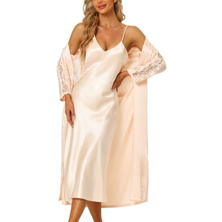 

Unique Bargains Womens Satin Robe Nightgown Sets Lace Long Sleeve Bridesmaid Bathrobe