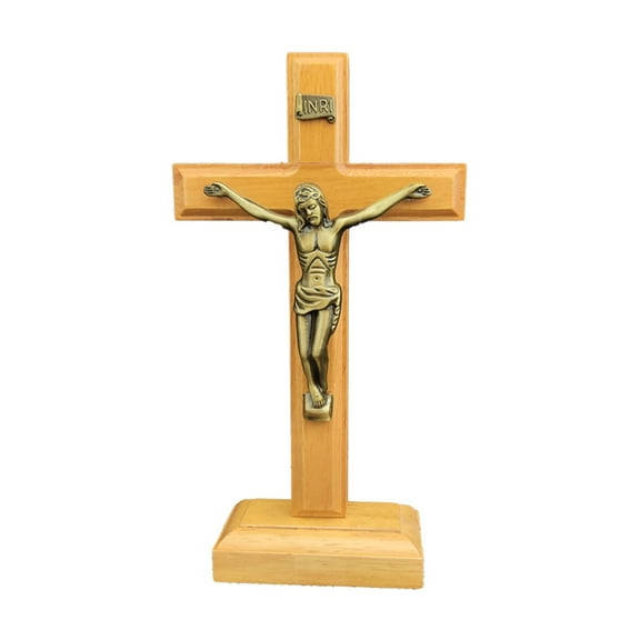 Whoamigo Wood Catholic Jesus Cross with Stand, Tabletop Religious Christian Crucifix Decoration, Church Prayer