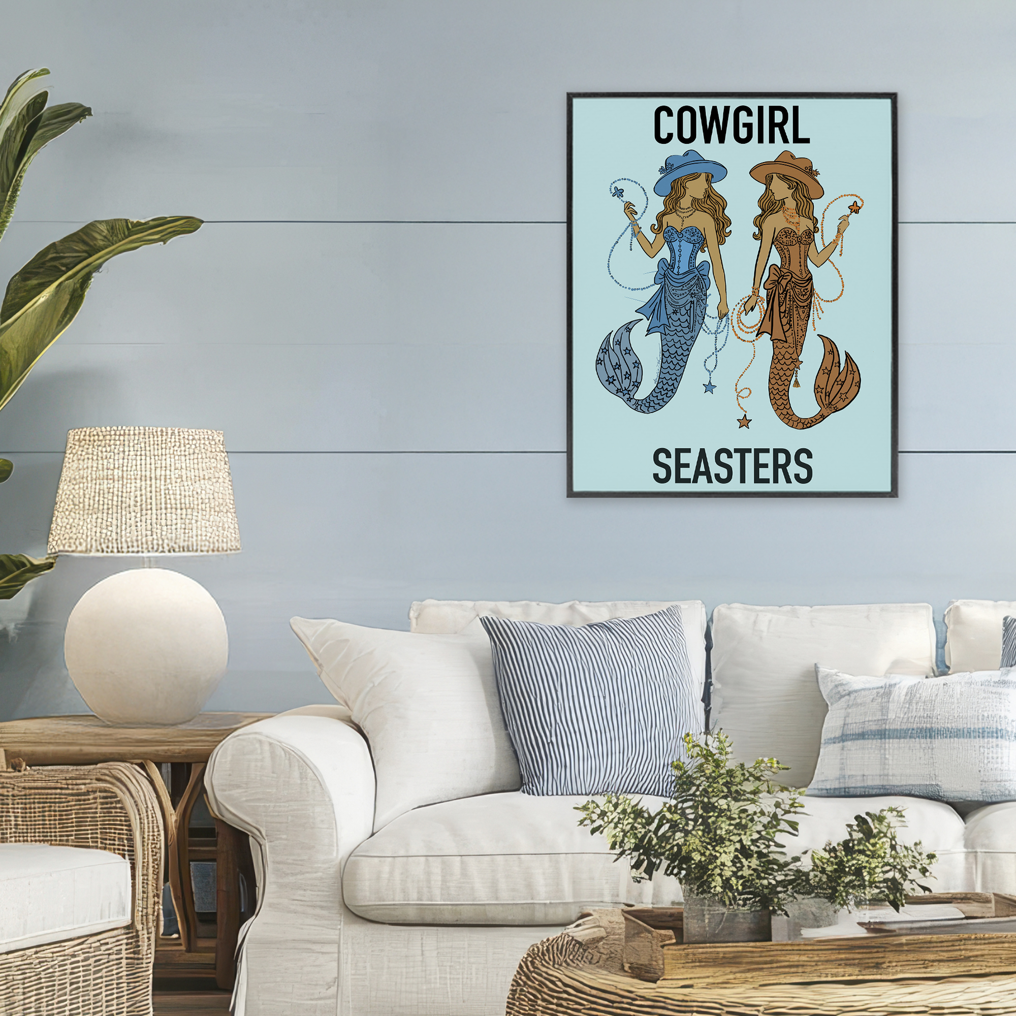Cowgirl Seasters Mermaid Friendship Black Framed Giclee Art, design by Amelia Noyes