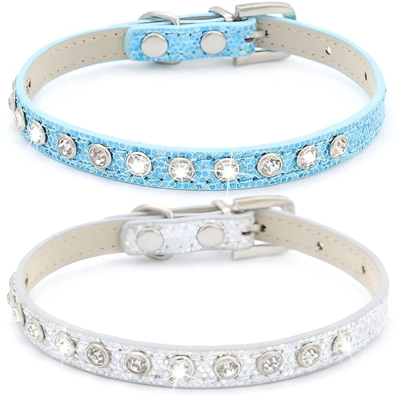 GASTROPOD Safety Cat Collars Silver Leather Rhinestone Kitten Collar Adjustable Bling Classy Pet Collars for Cats Puppy Rabbits and Small Dogs (Pack of 2)