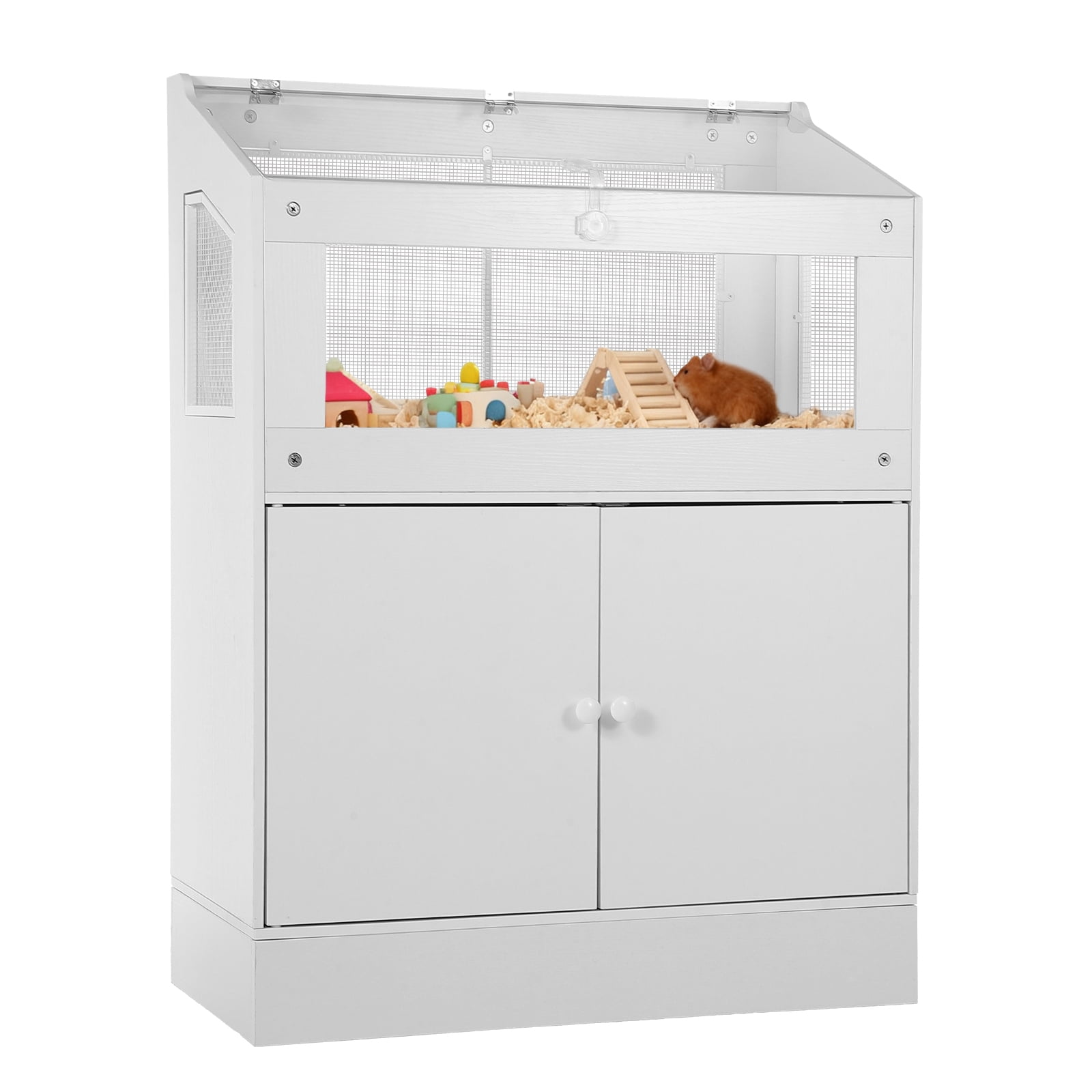 Shininglove Spacious Wooden Hamster Cage with Storage Cabinet – Acrylic Viewing Panels Ventilated Mesh Easy-Clean Turn Over Top Ideal Habitat for Guinea Pigs Hedgehogs Rabbits Mice Gerbils