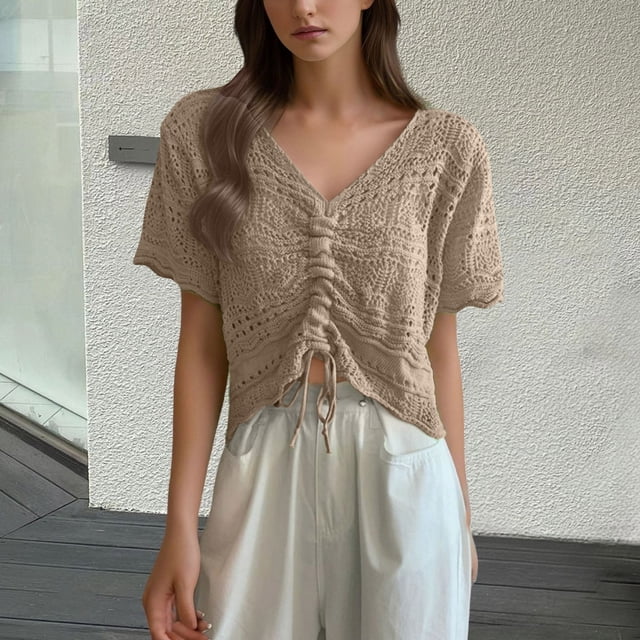 TaTaai V-Neck Knitted Sunshade Blouse, Lace-Up Beach Cover Up, Soft Loose Summer Top, Casual Short Sleeve Shawl for Seaside Outings and Vacation Gift