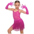 thumbnail image 2 of Choomomo Girls Sequin Fringed Dresses Tassel Skirted Leotard Latin Dance Outfits with Gloves Party Bodysuit Hot Pink 16, 2 of 7