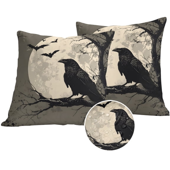 Halloween Outdoor Pillow Covers 16x16 Set of 2,Waterproof Patio Throw Pillowcase Protectors,Horror Bat Crow Full Moon Beige Black Square Decorative Pillow Shams Cushion Covers for Seat Bed Couch Sofa
