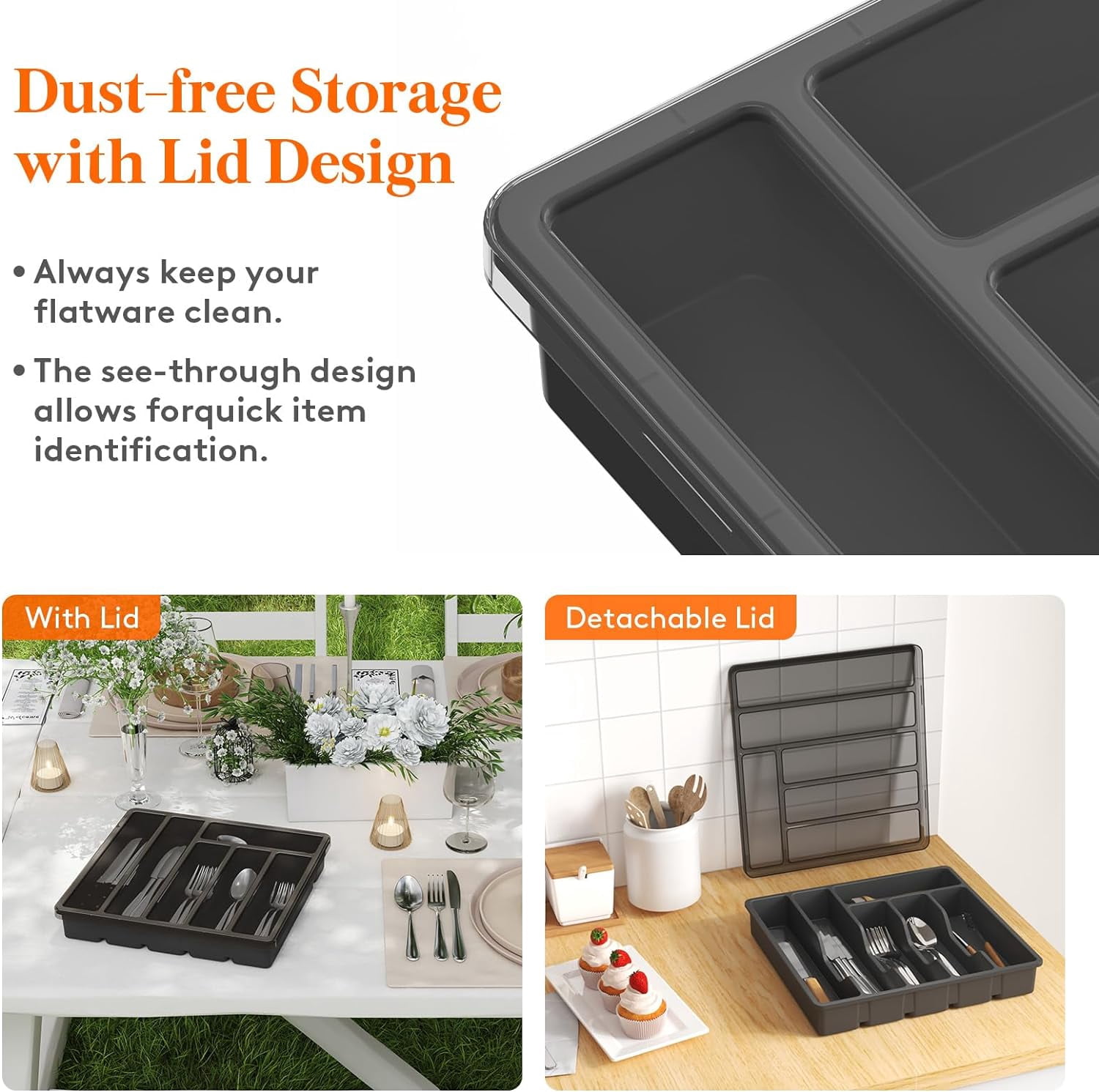 Silverware Organizer with Lid, Covered Utensil Tray for Kitchen Drawer and Countertop, Plastic Cutlery Flatware Storage Box Spoons Forks Knives Holder Case, 12.6x11.8, Black