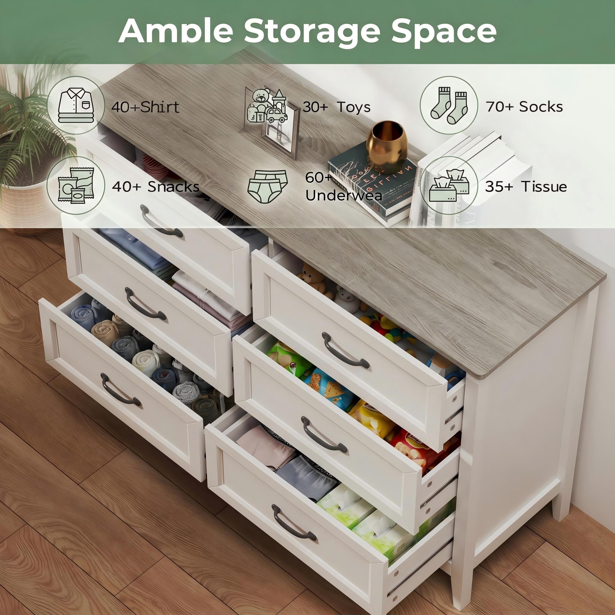 Lofka White Wooden 6 Drawer Dresser for Bedroom, Wide Storage Organizer Cabinet for Closet Living Room