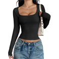 thumbnail image 2 of Camisas de Larga para Mujer, Tops Cortos, Cuello Cuadrado, Camisetas Básicas para Salir, Ropa de Invierno Y2K 2025 Negro S, 2 of 7