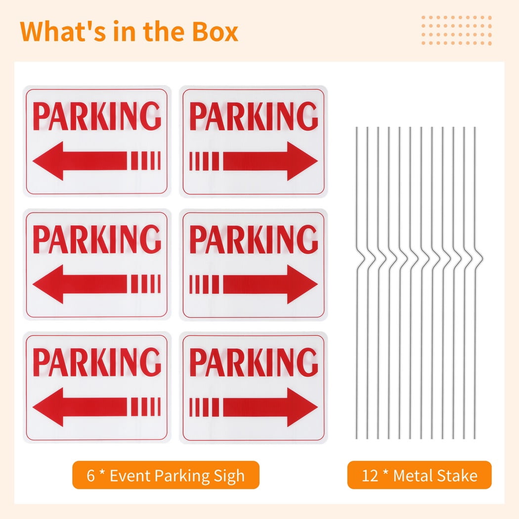 6 Pcs Outdoor Event Parking Signs, Plastic Guest Red "Parking" Sign, Weatherproof Yard Signs with Metal Stakes, Double-sided Printed Parking Sign, Directional Signage with Indicating Arrow