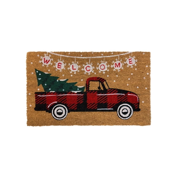 Briarwood Lane Coir Doormat 30x18 Red Checkered Truck Christmas Natural Fiber For Christmas Coir Doormat