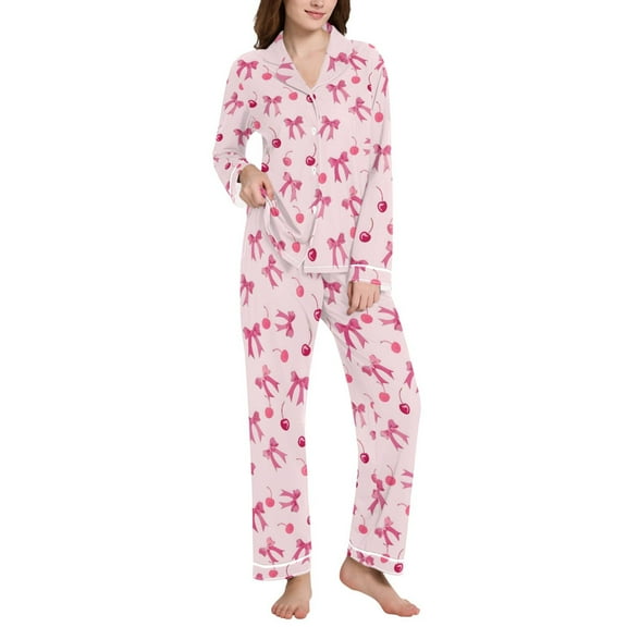 joogoo Pajamas Set for Women Bows and Cherry Long Sleeve Pjs Loungewear L