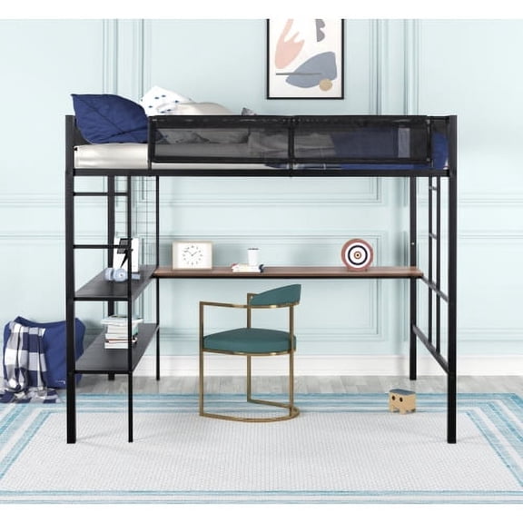 Saim Metal Full Size Loft Bed with Desk & Shelves/ Sturdy Metal Bed Frame/ Noise-free Wood Slats/ Comfortable Textilene Guardrail/ Built-in Desk, 2-tier Shelves & Grid Panel/ 2 Side Ladders