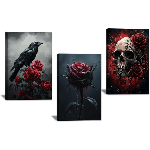 Hieng 3 Pieces Gothic Canvas Wall Art Red Rose Pictures Halloween Skull & Crow Poster Prints Black Romantic Paintings Dark Flowers Artwork for Home Decor