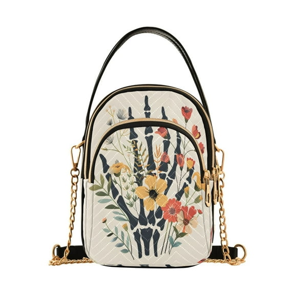 ALAZA Chain Crossbody Bags for Women Halloween Skull Flowers Shoulder Handbag Phone Purse