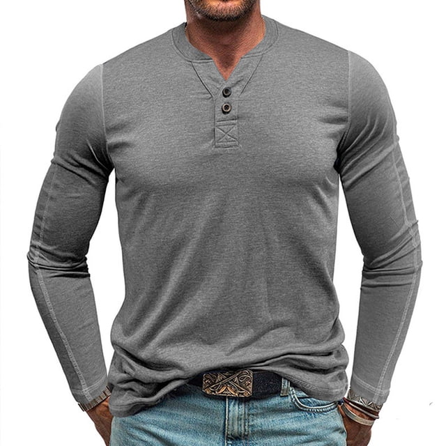 pstuiky camisa de manga larga para hombre, Suéter deportivo informal de color liso con cuello redondo y botones para hombre, blusa de manga larga con cuello redondo xl