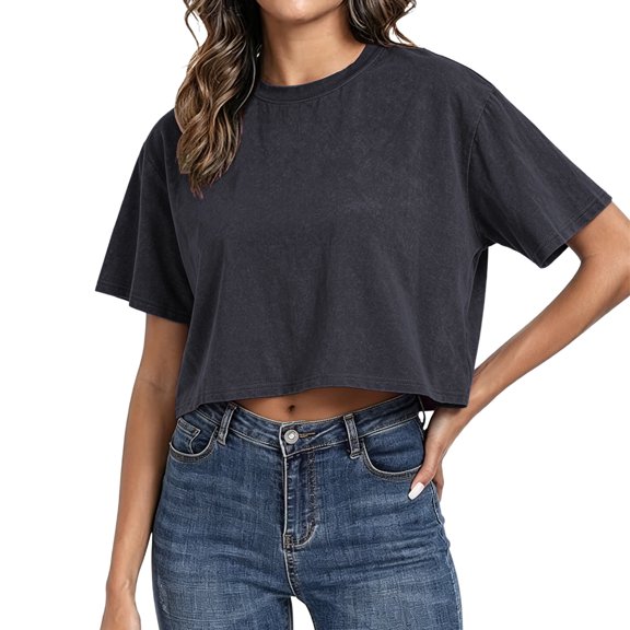 WERYOUNG Casual Cropped T Shirts For Women Loose Fit Short Sleeve T-Shirts Summer Round Neck Athletic Tee Holiday Party Comfortable Tops L