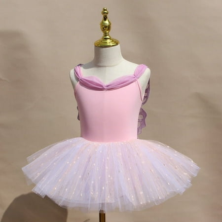 Child Girls Ballet Butterfly Dancewear Leotard Gym Train Sleeveless Bodysuit Cute Backless Performance Costumes (Pink set 110cm)