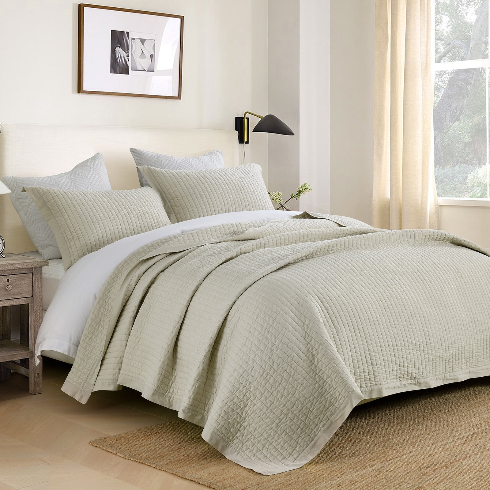 PANGUSHAN 100% Cotton Queen Quilt Set, Farmhouse Elegant Solid Color Queen Size Quilt Bedding Set Bedspreads, Reversible Quilted Lightweight Comforter, Beige Bed Spread for Queen Bed, 3pcs